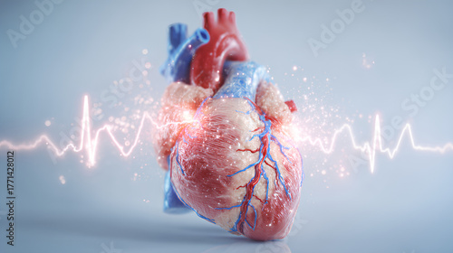 Medical illustration of human heart with atrial fibrillation showing irregular electrical signals and disrupted rhythm with visible veins and arteries
