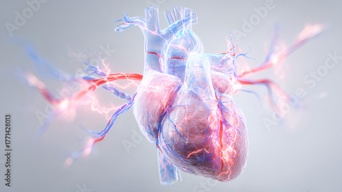 Medical illustration of human heart with atrial fibrillation showing irregular electrical signals and disrupted rhythm with visible veins and arteries
