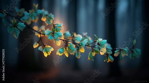 Autumn Leaves Backlit by Sunlight: Close-Up of Green and Changing Foliage on a Branch Against a Dark Background