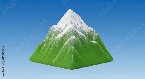 A miniature mountain with green grass and snow isolated on white background