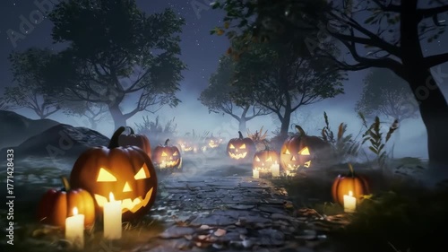 Wallpaper Mural A Spooky Night Journey Through a Foggy Forest Path Lit by Glowing Jack-o-lanterns. Torontodigital.ca