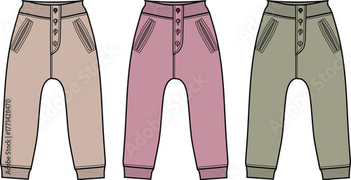 Fashion flat sketch concept Three comfortable children's jogger pants. Illustrated designs in beige, pink, and olive green, with elasticated waists and cuffed ankles, perfect for modern kidswear