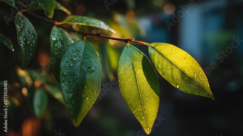 Autumn Leaves Backlit by Sunlight: Close-Up of Green and Changing Foliage on a Branch Against a Dark Background