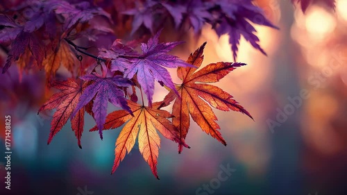Vibrant Red Japanese Maple Leaves with Morning Dew Drops on Dark Teal Background, Symbolizing Autumn Serenity and Beauty