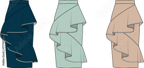 Fashion Illustration Collection of stylish ruffle skirts in various colors for design inspiration and apparel