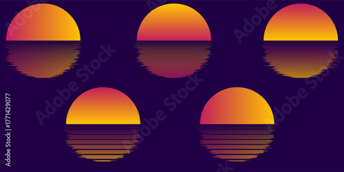 Set of retro graphics with sun dipped in sea. Sunset collection. 80s pack of vector sunsets. Elements for 80's and 90's posters, illustrations and web designs.