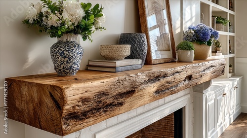 Rustic handcrafted solid wood fireplace mantel shelf with warm natural tones, textured finish, long open top for books or artwork above white built-in fireplace in modern home