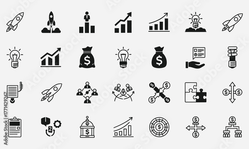 Essential business and finance icon set symbolizing startup growth, investment, innovation, and strategic planning