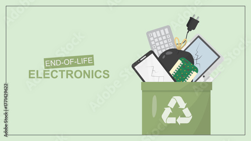 End-of-Life Electronics. Discarded electronic devices in a recycling bin, ideal for banners and campaigns on electronic waste management and sustainability. E-waste concept. Vector illustration