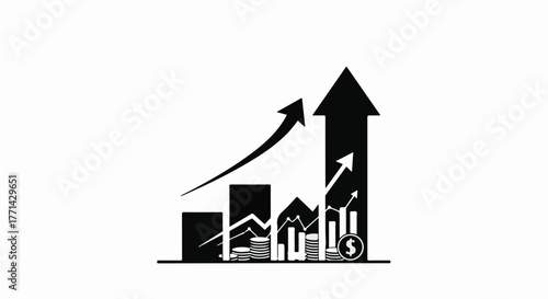Financial growth and upward trend depicted with bar chart and rising arrow