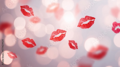 Romantic red kiss marks drift over a dreamy soft bokeh background for love and romance