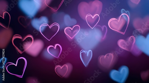 Neon Heart Bokeh backdrop with colorful glowing hearts for romance and love themes