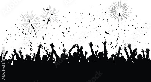 Silhouette of crowd celebrating with fireworks isolated festive atmosphere with people cheering and enjoying show