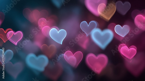 Colorful heart shaped light bokeh with pink blue purple glows for romantic mood