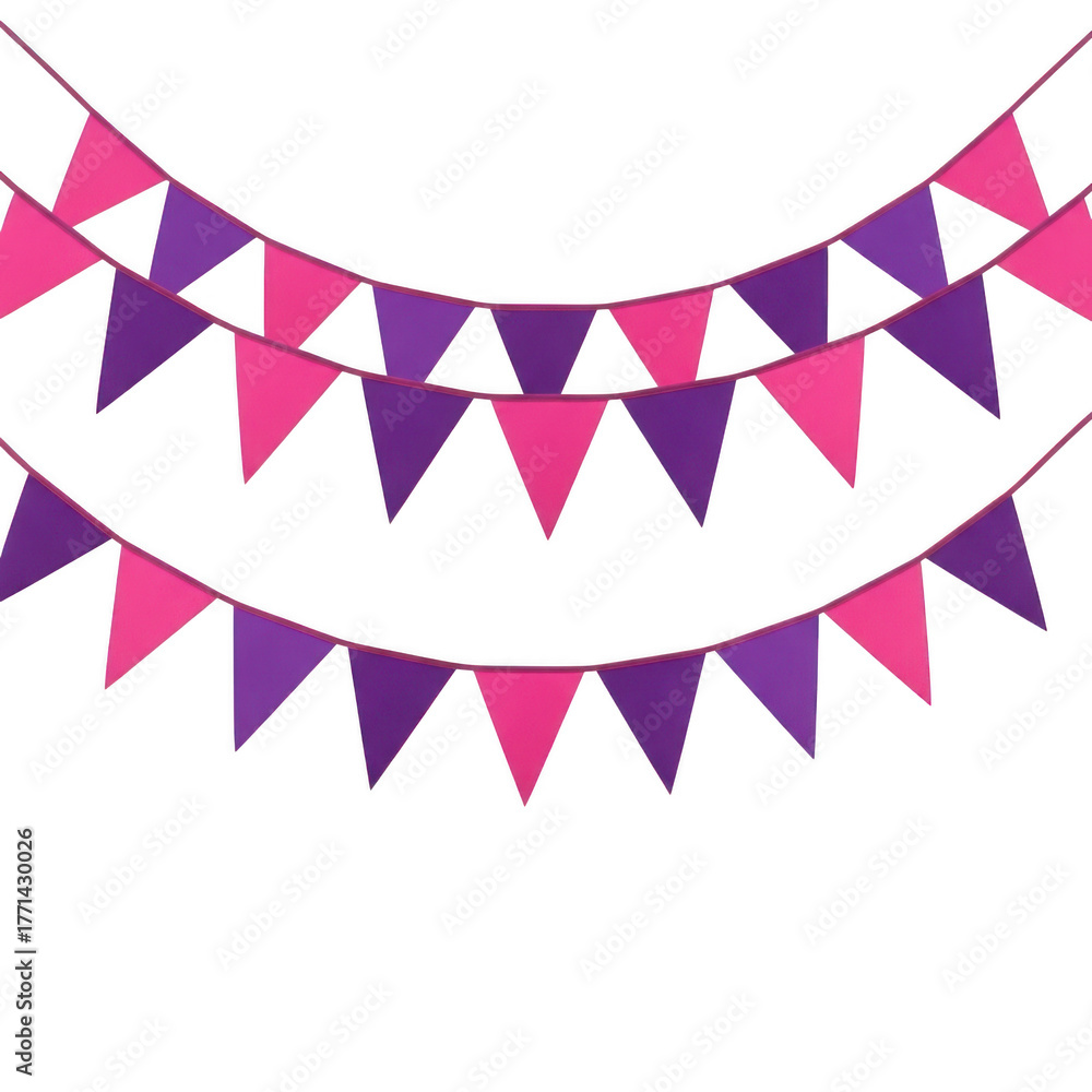 Obraz premium Vibrant pink and purple triangle bunting flags for festive celebrations and decorations transparent background
