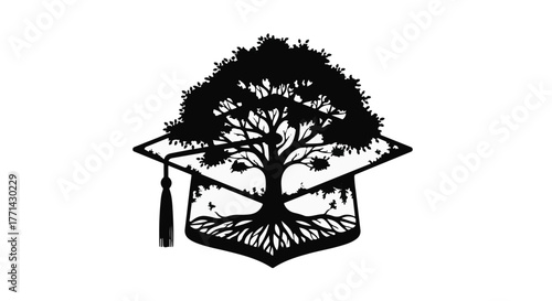 Symbol of knowledge and growth, a tree of life flourishes within a graduation cap.