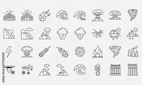 Disaster and weather icons representing natural calamities and atmospheric phenomena