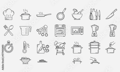 Collection of Line Icons Representing Kitchen Utensils and Cooking Equipment