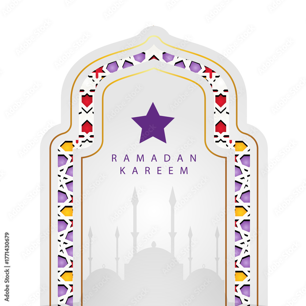 Obraz premium Islamic geometric ornament arch frame vector, Ramadan Kareem greeting background, Islamic decorative pattern, mosque window shape, gold arabesque border, isolated on transparent background