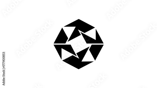 A striking abstract geometric logo design featuring a central flowerlike shape formed by interconnected triangles, creating a sense of motion and balance