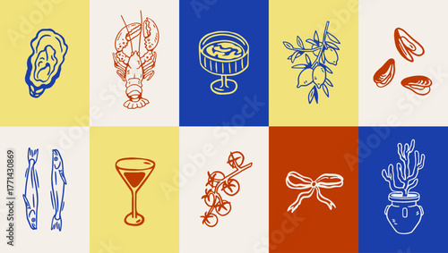 Dolce vita, Italy posters set. Doodle style Italian summer holiday cards, background with seafood, oyster, lobster, tomato and lemon branches, sea food, sardines. Hand-drawn vector illustrations