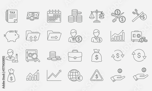 Collection of Line Icons Representing Financial and Business Concepts