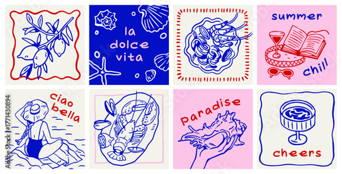 Dolce vita, summer holiday cards set. Sea resort vacation with lemon fruits, Italian food, seafood, cocktail, book and seashell drawings, sketches, square doodle design. Hand-drawn vector illustration