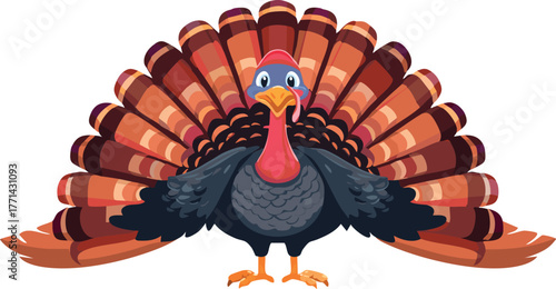 Cartoon turkey bird standing displaying colorful feathers