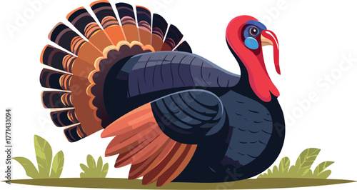 Turkey bird standing on ground showing colorful feathers