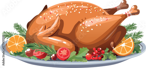 Thanksgiving roast turkey dinner with holiday garnish
