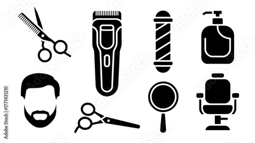 Illustration showing a barber shop icon set, including scissors, hair clipper, barber pole, mirror, chair, shampoo bottle, and a mans face with beard