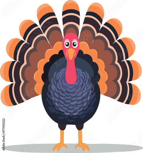 Cartoon turkey displaying colorful feathers for thanksgiving
