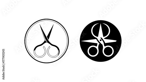 Two scissor icons in black and white, one with a thin outline and the other filled in, both enclosed in a circle suitable for a design element