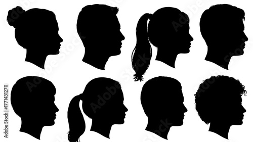 A collection of silhouette profiles of various people, showcasing different hairstyles and ages, creating a diverse representation of individuals
