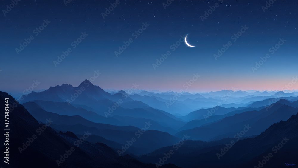 Fototapeta premium Night Mountain Landscape with Crescent Moon