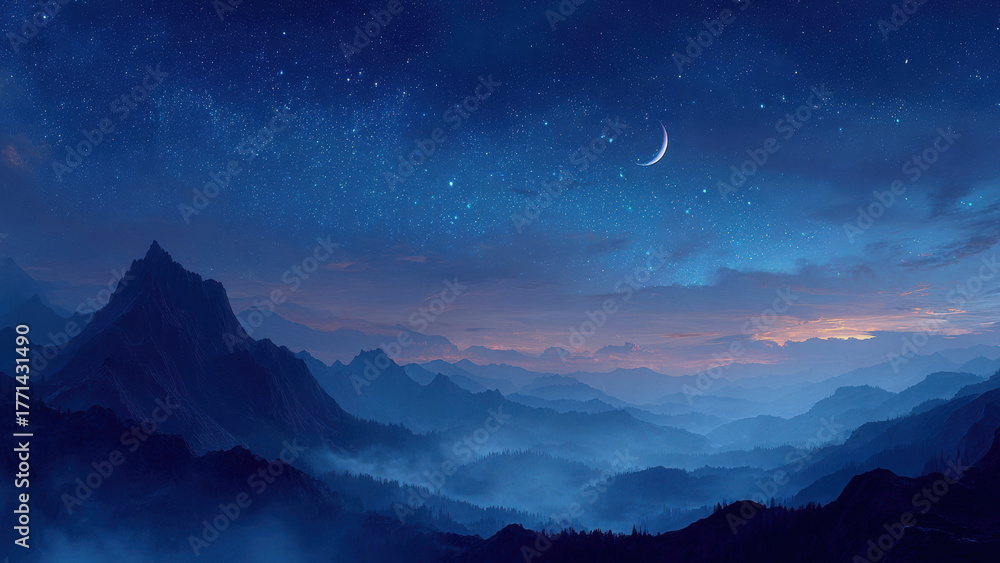 Fototapeta premium Night Mountain Landscape with Crescent Moon