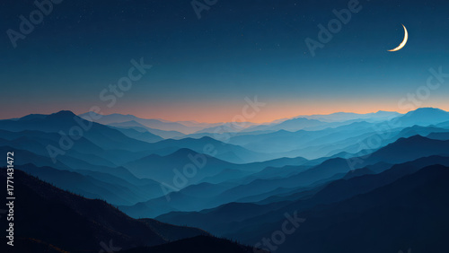 Night Mountain Landscape with Crescent Moon