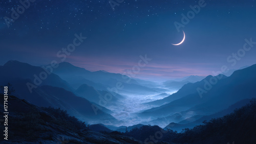 Night Mountain Landscape with Crescent Moon