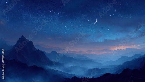 Night Mountain Landscape with Crescent Moon