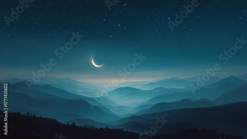 Night Mountain Landscape with Crescent Moon
