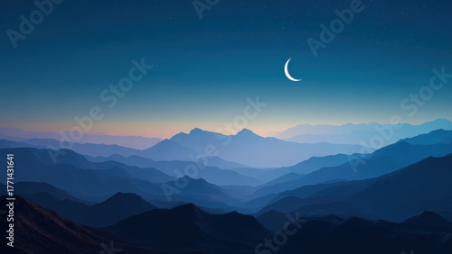 Night Mountain Landscape with Crescent Moon