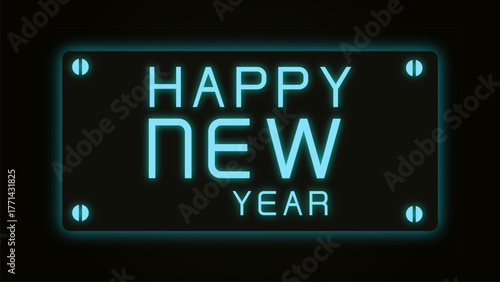 New year background features blue neon text and dark display with light effect on a festive banner