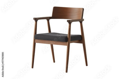 A stylish modern wooden dining chair featuring a dark gray upholstered seat and elegant armrests, perfect for contemporary interiors. background removed