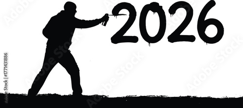 Silhouette of a person spraying year 2026 a wall, isolated a concept image representing future and upcoming year
