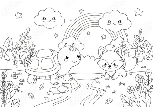 Cute turtle and fox enjoying the rainbow in a black and white illustration