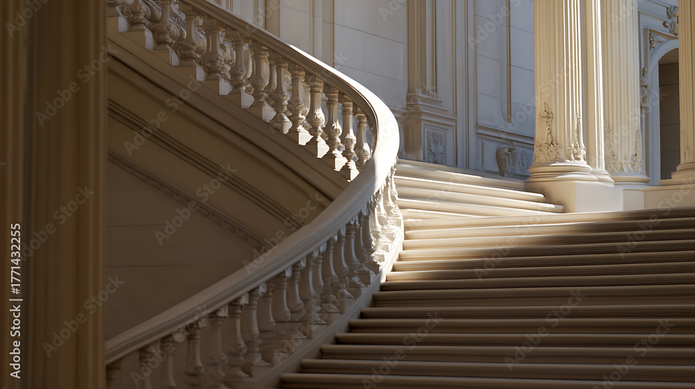 Naklejka premium Elegant staircase detail featuring soft natural light, classical balusters, and architectural column design. Interior craftsmanship showcases refined construction.