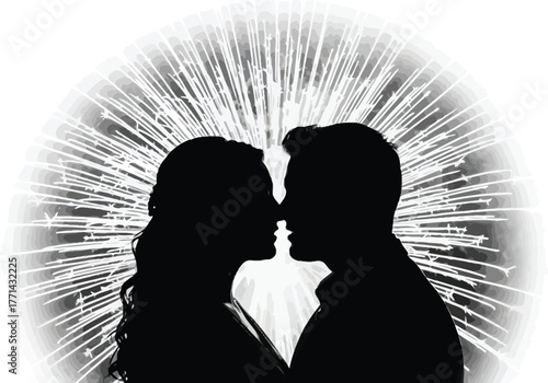 Silhouette of a couple in love kissing in front of fireworks, celebrating a special occasion with a romantic gesture