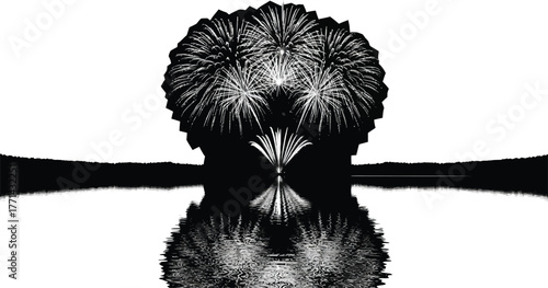 Spectacular fireworks display reflected in water isolated, creating a mesmerizing and symmetrical visual experience of celebration