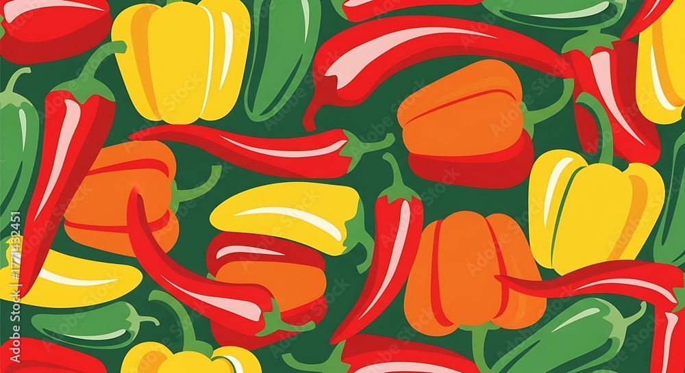 Vibrant Seamless Pattern of Assorted Chili Peppers and Bell Peppers.