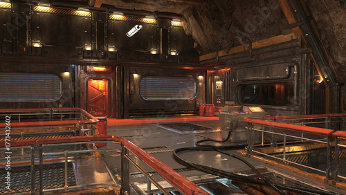Fototapeta Naklejka Na Ścianę i Meble -  Futuristic underground sci-fi military or industrial environment background. 3D rendered illustration.